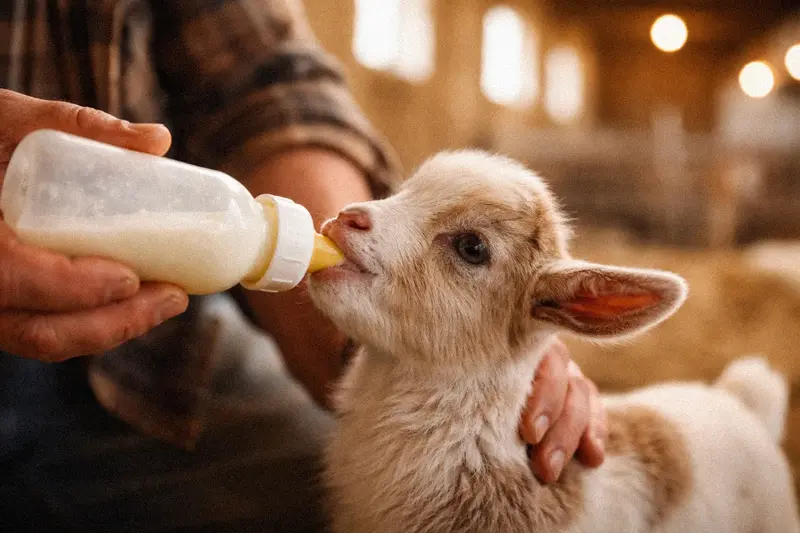 Baby goat kid being bottle-fed milk on a farm