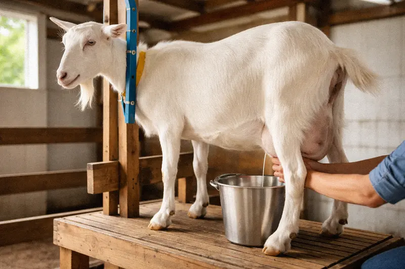 Dairy goat standing calmly on a wooden milking stand while eating grain