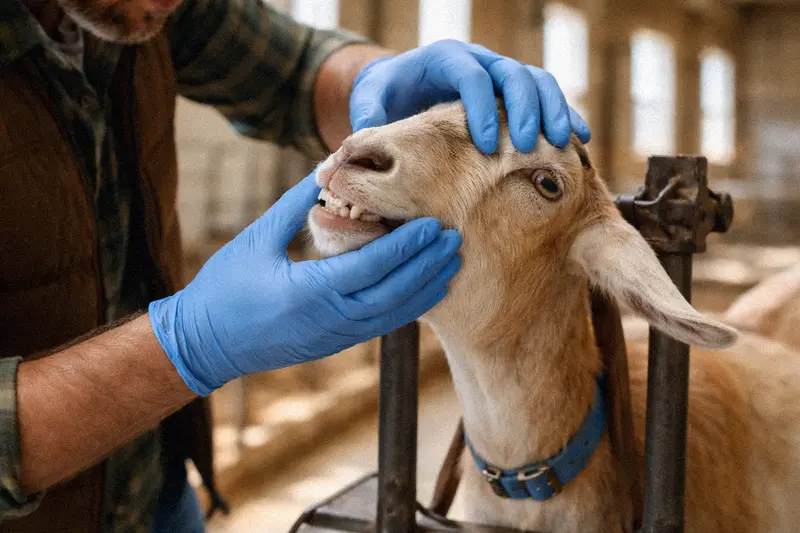 Farmer wearing protective gloves while handling a goat during health check