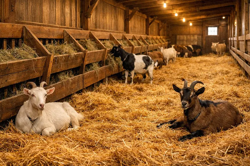 Inside a clean goat barn with deep straw bedding and hay feeders