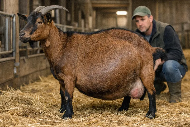Goat with visibly distended left side showing signs of bloat