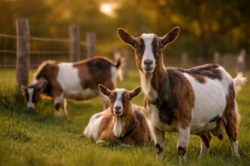 Goat showing alert ear position and relaxed body posture in a pasture setting