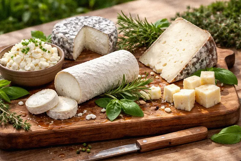 Variety of goat cheeses on a wooden cutting board