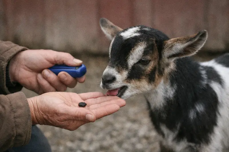 Person using a clicker and treats to train a young goat in a farmyard