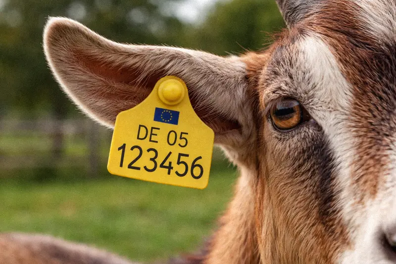 Close-up of a registered goat with ear tag identification