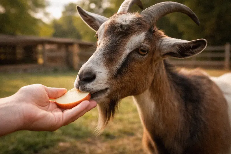Goat eating an apple slice as a treat from a farmer's hand