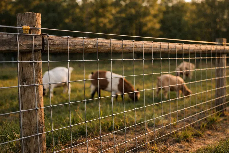 No-climb wire fencing around a goat pasture with wooden posts