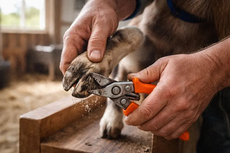 Farmer trimming a goat hoof with hoof shears on a milk stand