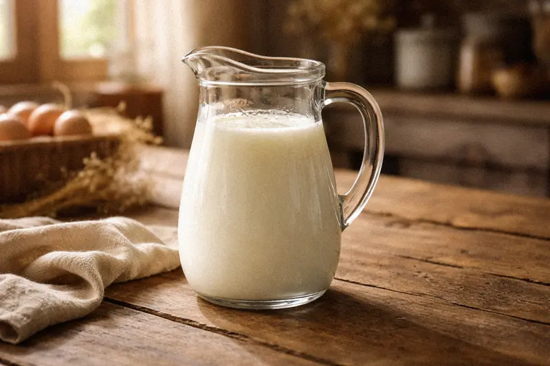 Fresh goat milk in a glass pitcher on a farmhouse table