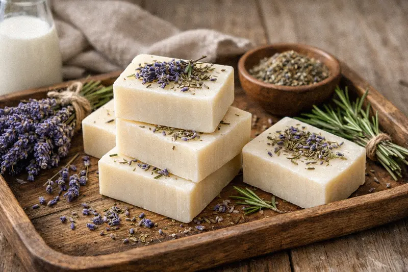 Handmade goat milk soap bars with dried herbs