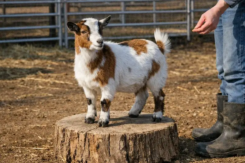 Goat standing on a wooden training pedestal during a trick training session outdoors