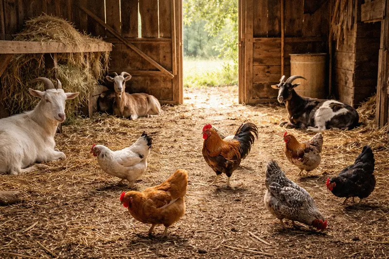 Goats and chickens sharing a barn space on a small homestead