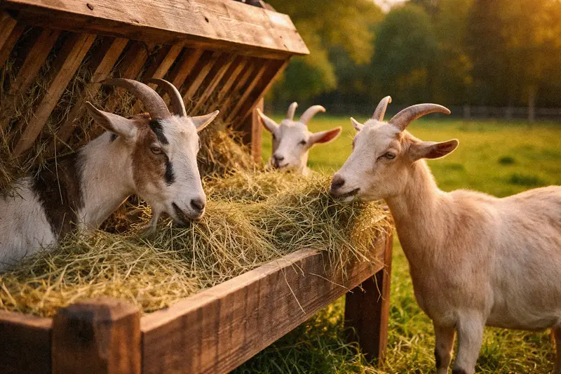 Goats eating hay from a feeder on a farm pasture