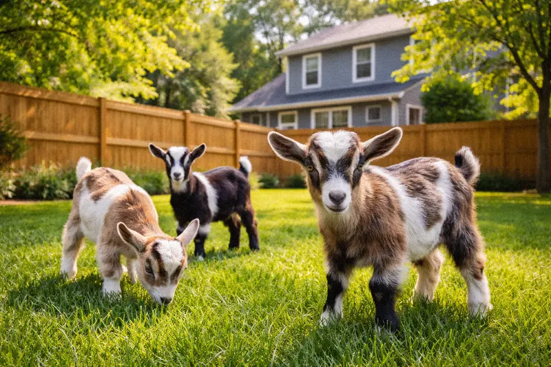 Small herd of goats in a fenced suburban backyard setting