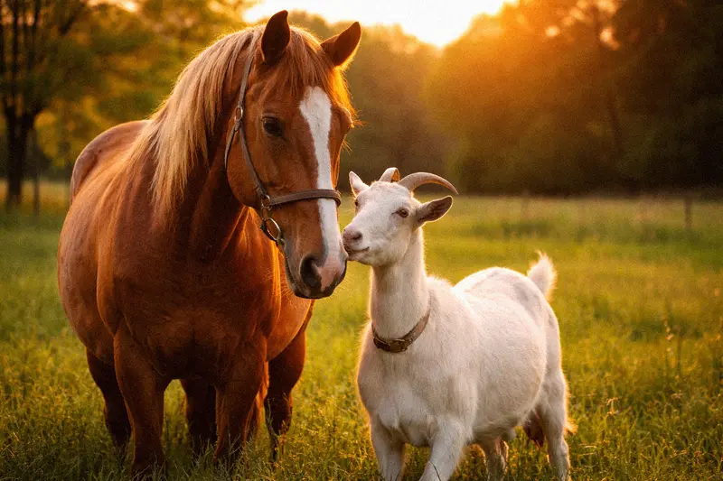 Horse and goat companion pair grazing together in a green pasture