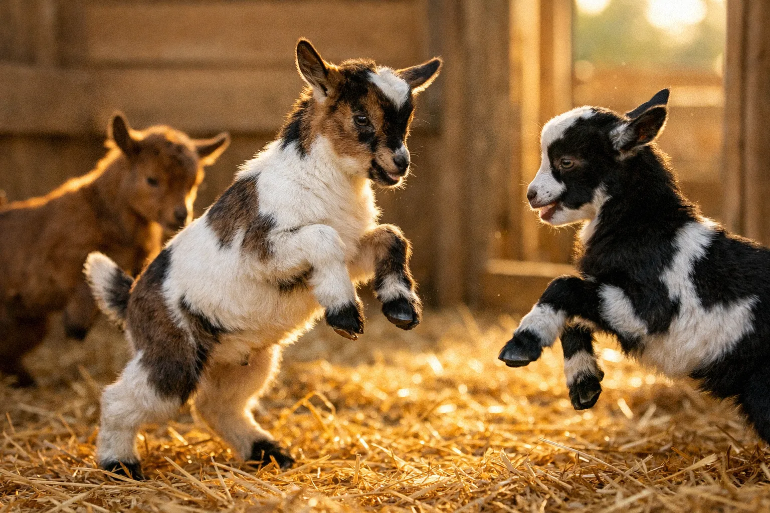 Three 8 week old baby goats play-fighting and jumping together in a straw-bedded pen