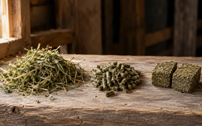 Alfalfa hay, pellets, and cubes shown side by side on a rustic wooden surface