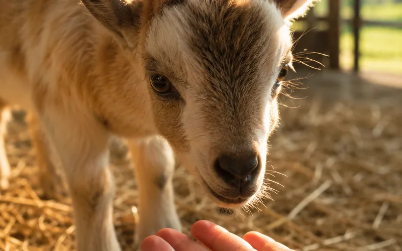 Young goat kid sniffing a small cucumber coin in a child's hand