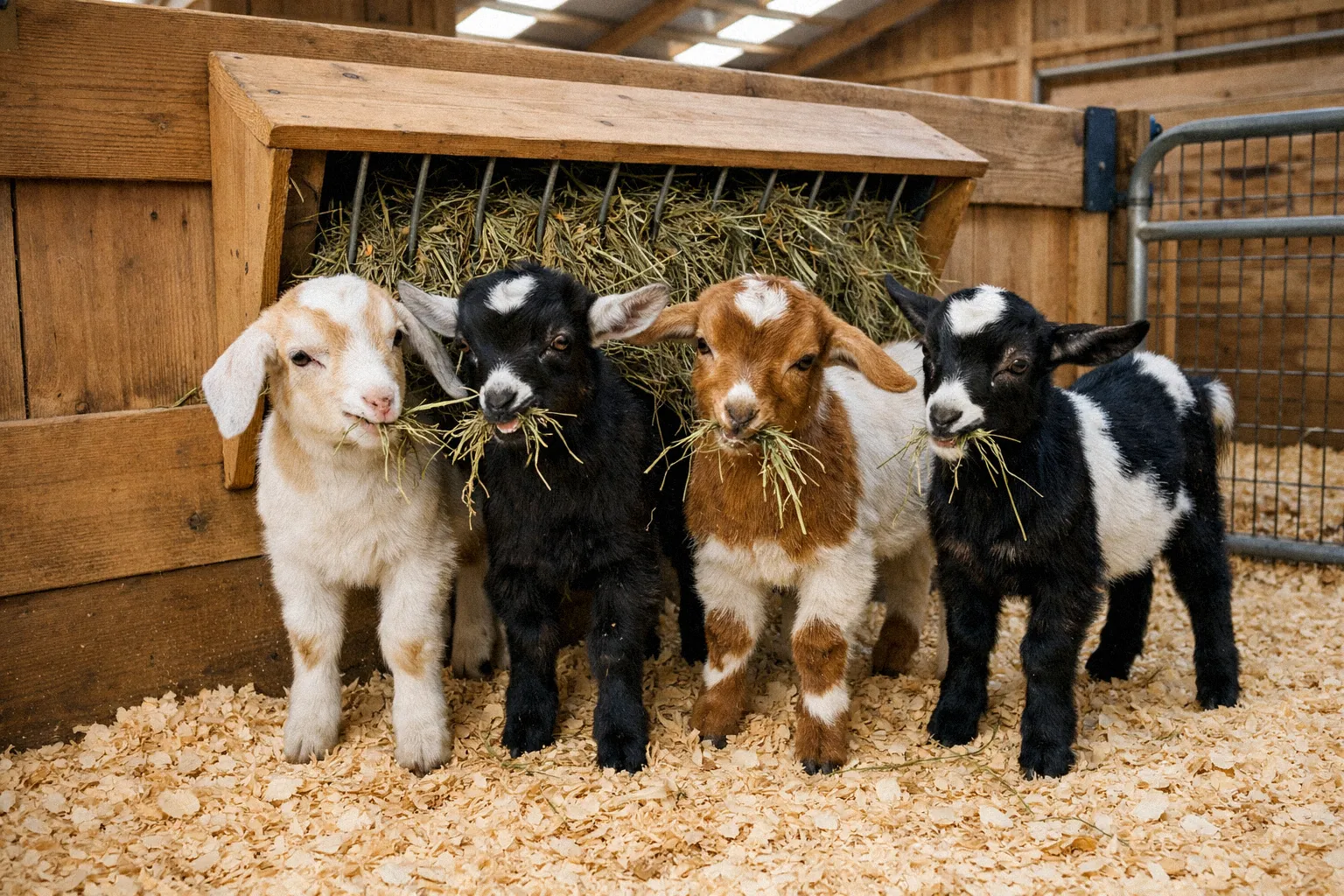 Group of 8 week old kid goats eating hay together from a shared feeder rack in their pen