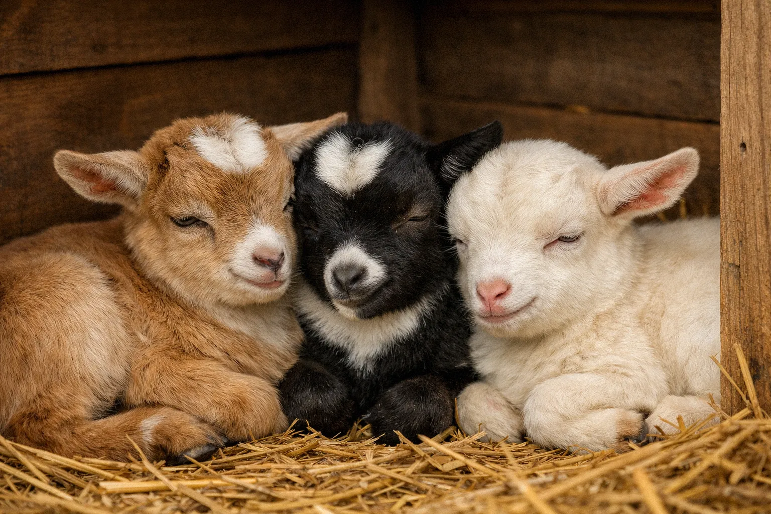 Baby goat kids resting peacefully together in their shelter showing healthy bonding behavior