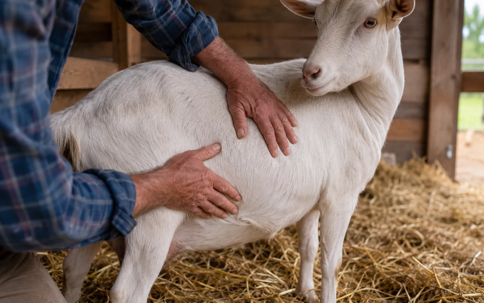 Farmer performing a belly bump check on a doe after partial delivery