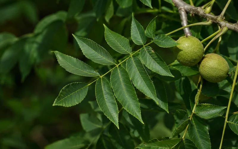 Close-up of a black walnut branch showing compound green leaves and developing nut hulls