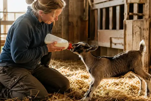A young goat kid eagerly drinking from a bottle with a red lamb nipple