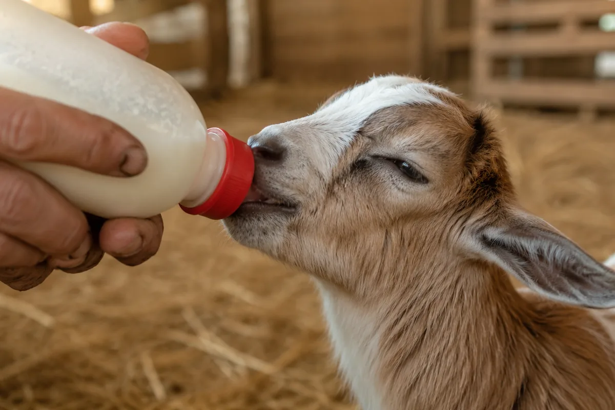 A baby goat drinking from a Pritchard teat bottle