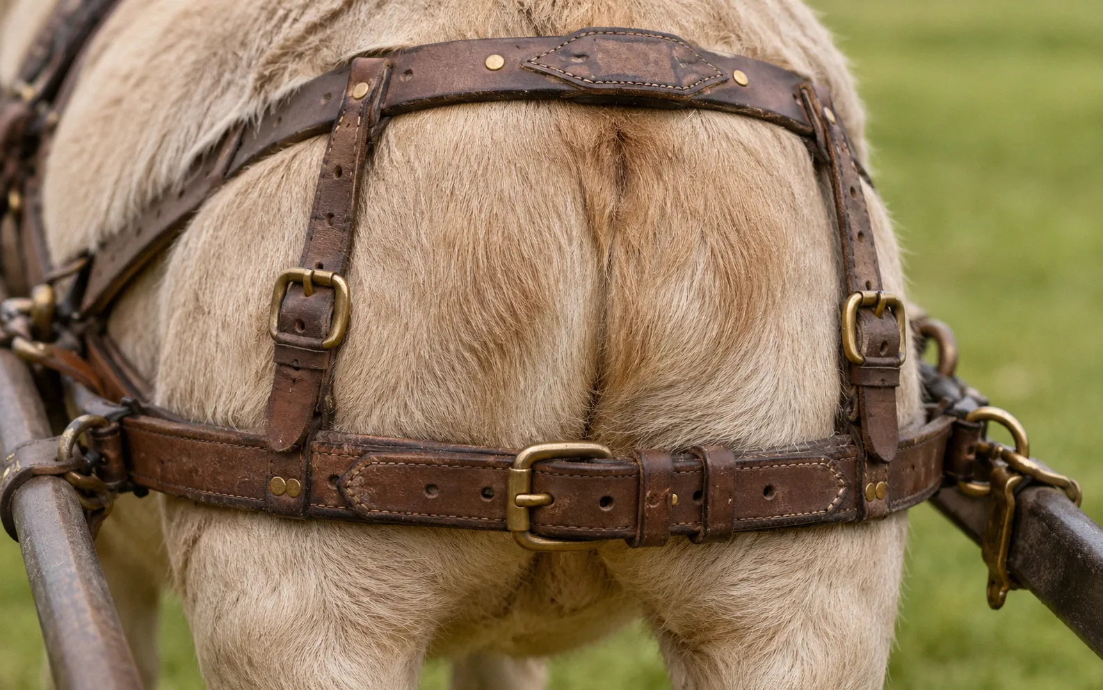 Close-up of a properly adjusted leather breeching strap wrapped around the hindquarters of a working cart goat