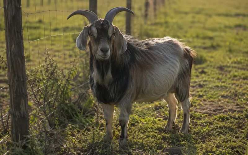 A buck goat standing near a fence line in a green pasture
