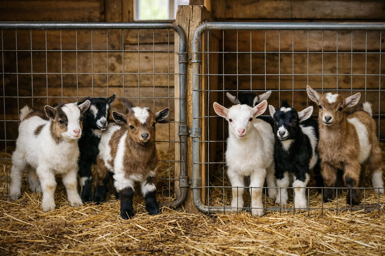 Separate pens housing bucklings and doelings in same-sex groups divided by wire fencing
