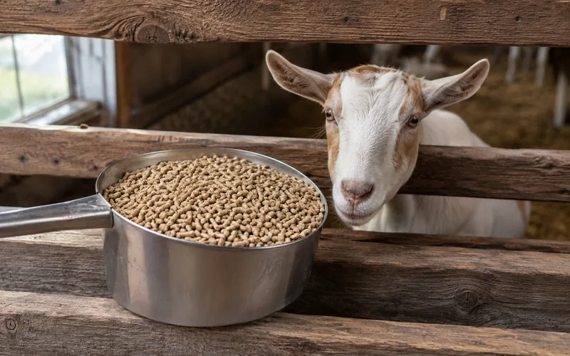 A bag of calf starter pellets poured into a metal scoop beside a curious goat