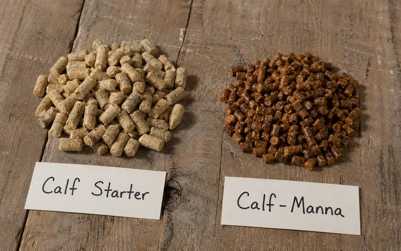 Calf starter pellets on the left and Calf-Manna supplement pellets on the right, labeled for comparison
