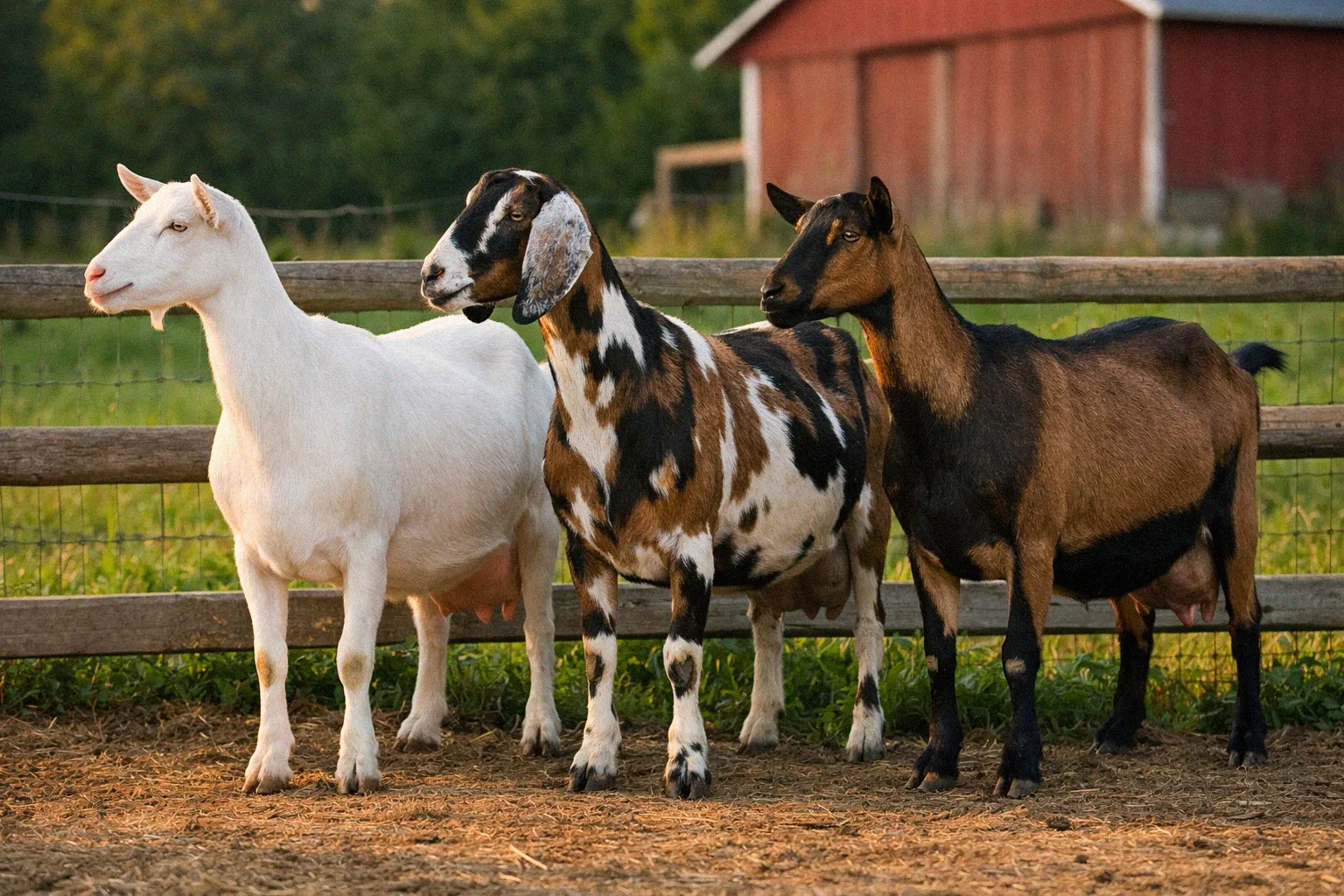 Three dairy goat breeds — Saanen, Nubian, and Alpine — standing together showing their different coat color patterns