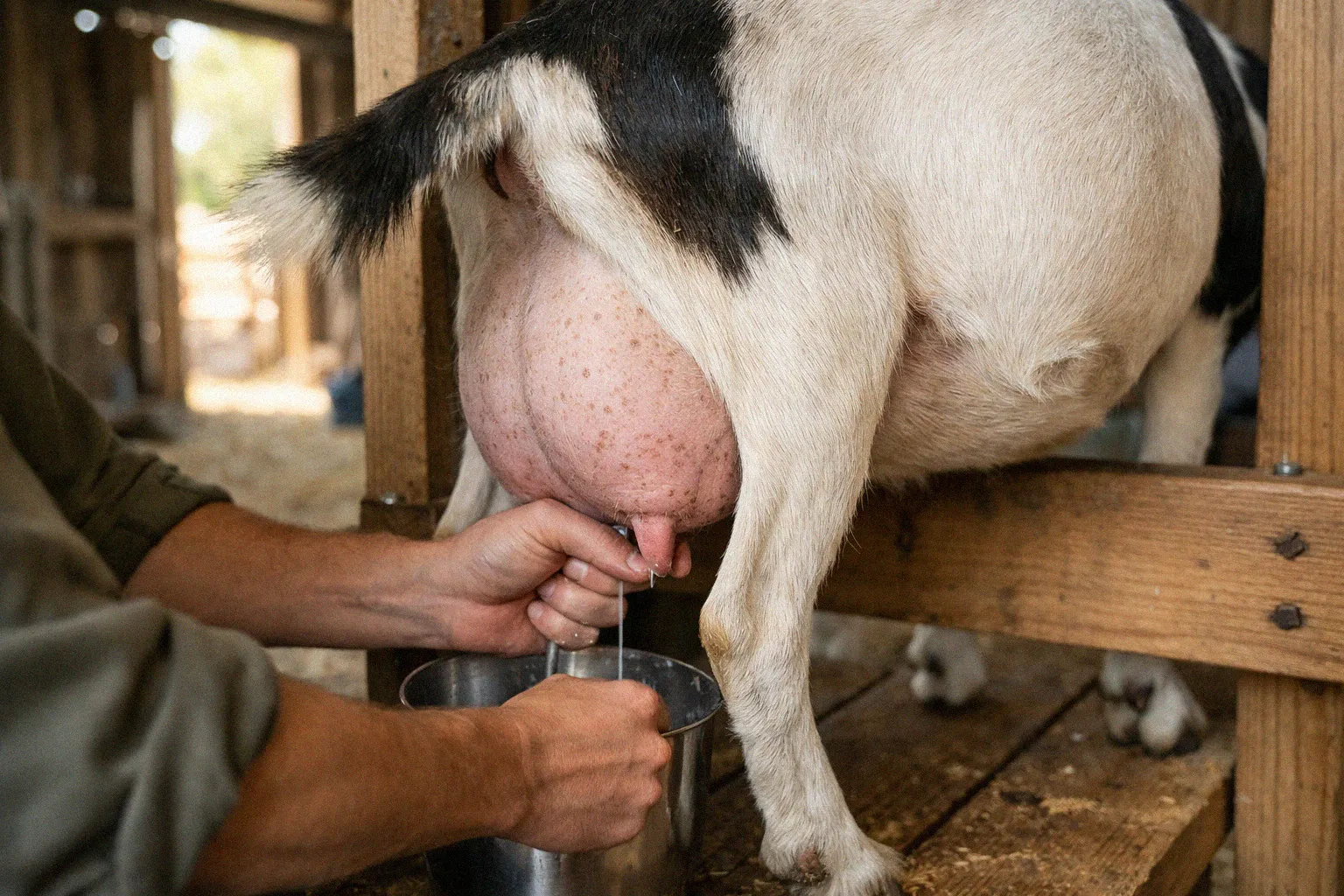 First-freshener dairy goat being hand milked on a milk stand showing light pink udder skin with natural freckling