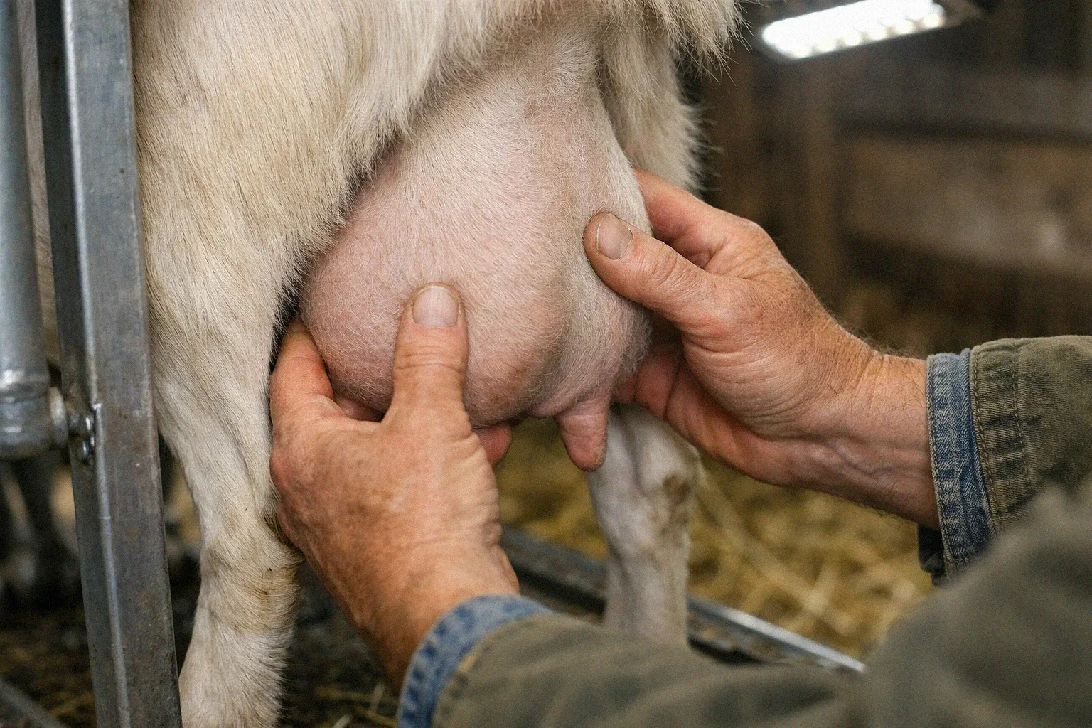 Farmer's hands examining a dairy goat's udder for signs of health problems during milking