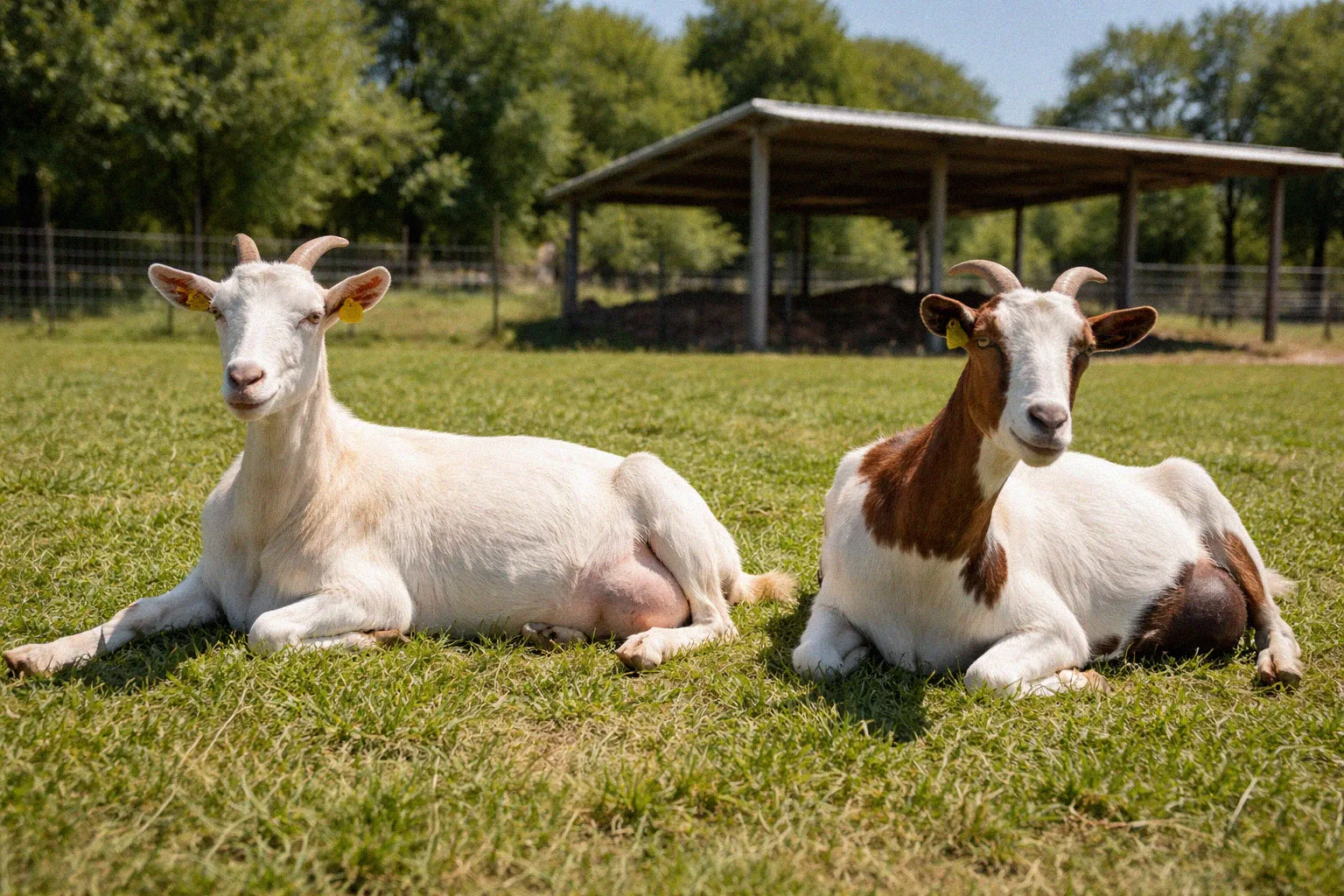 Two dairy goats on sunny pasture showing the contrast between a pink udder and a heavily pigmented dark udder