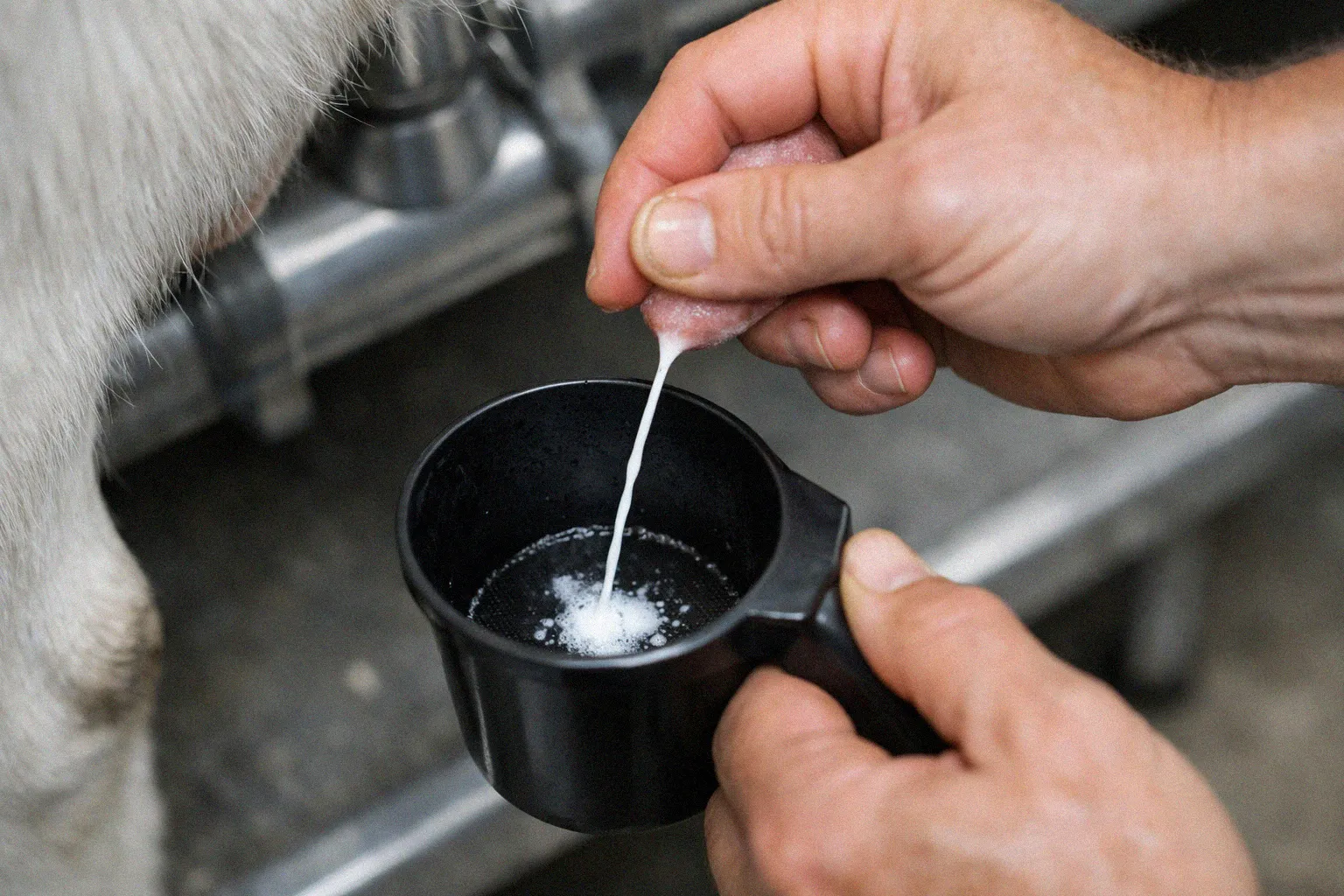 Farmer performing a strip cup test by squirting first milk streams into a dark-bottomed cup to check for mastitis