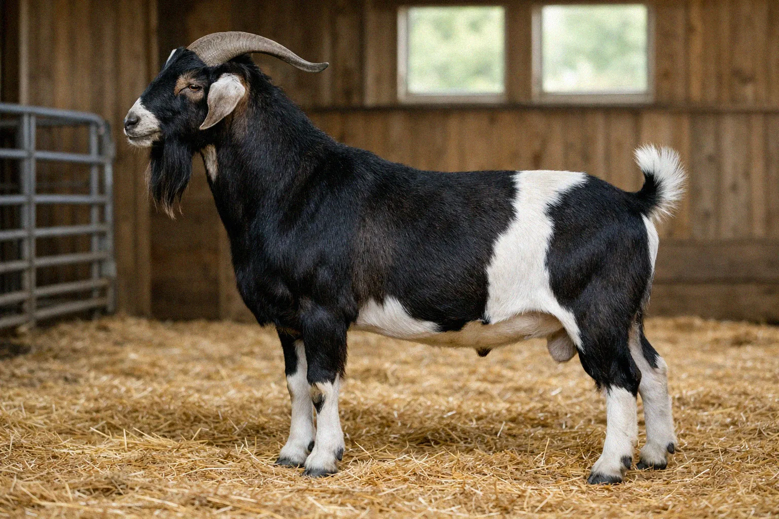Registered dairy goat buck in profile showing strong conformation used for breeding udder trait genetics