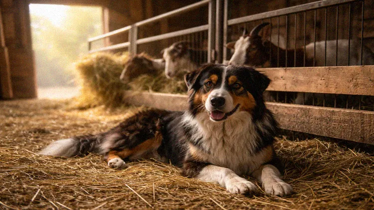 Dog resting near a goat pen on a farm