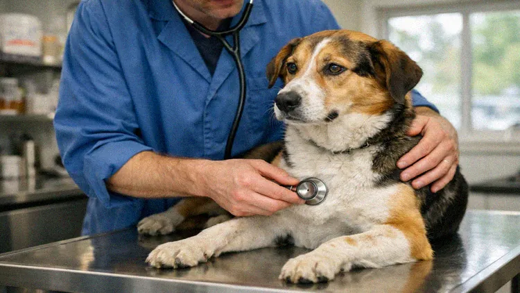 Veterinarian examining a farm dog for illness