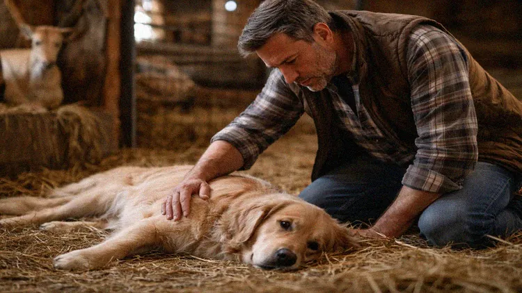 Dog owner monitoring their pet near a goat barn