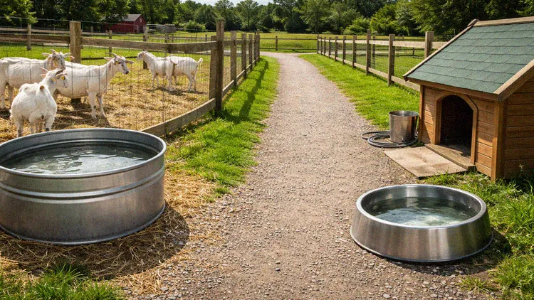 Clean farm setup with separate water stations for dogs and goats