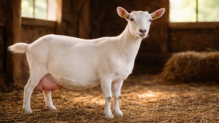 White dairy goat with a full udder standing in a sunlit barn despite not being pregnant