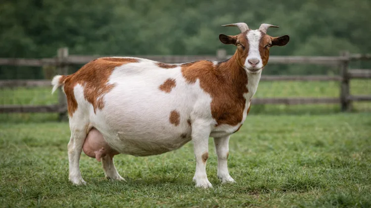 Dairy goat with swollen abdomen and full udder showing signs of pseudopregnancy on a farm