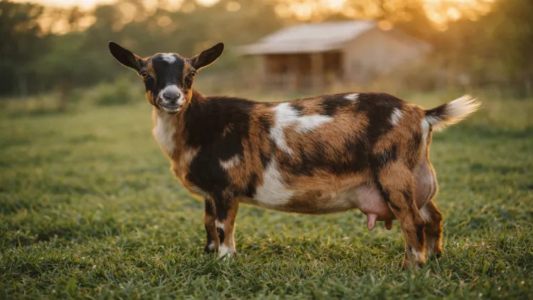 Nigerian Dwarf goat with a developed precocious udder standing on green pasture