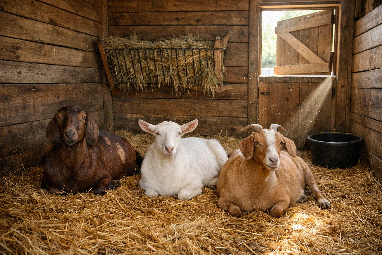 Goats resting inside a small wooden barn