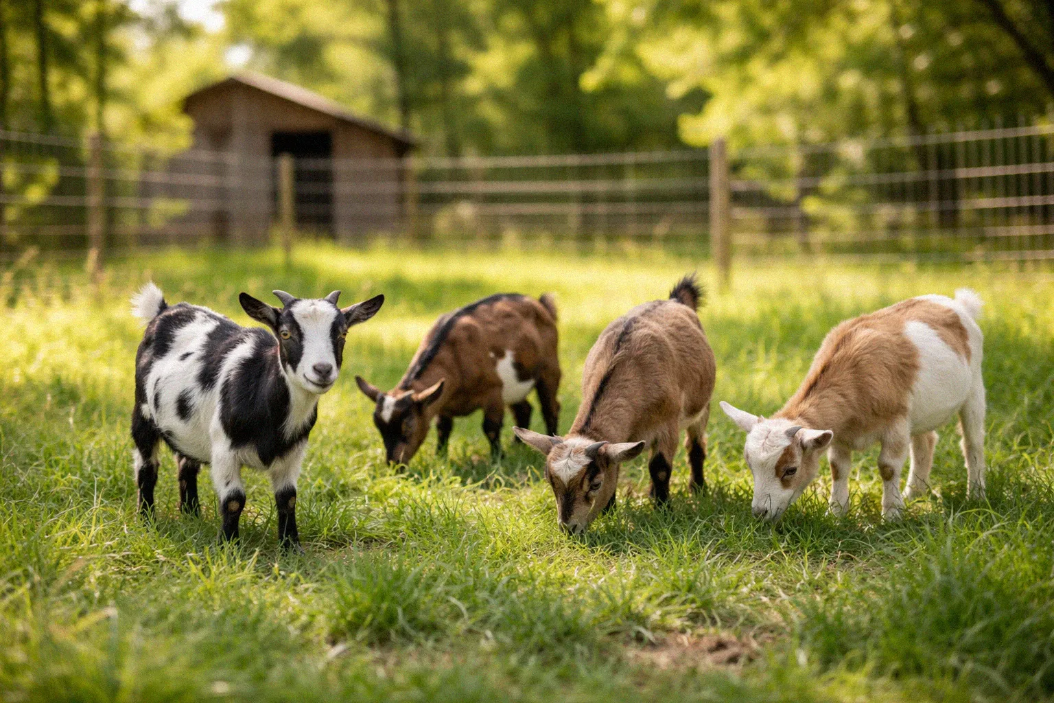 A group of Nigerian Dwarf goats in a fenced pasture