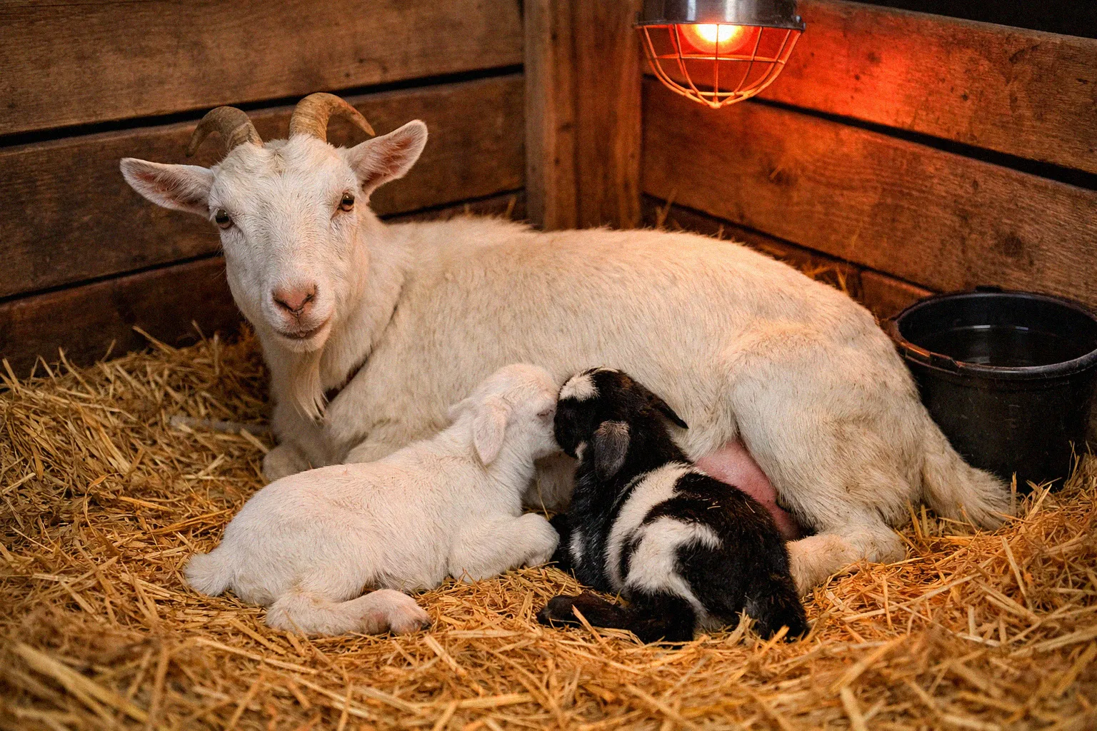 Goat doe with two kids in a bedded stall