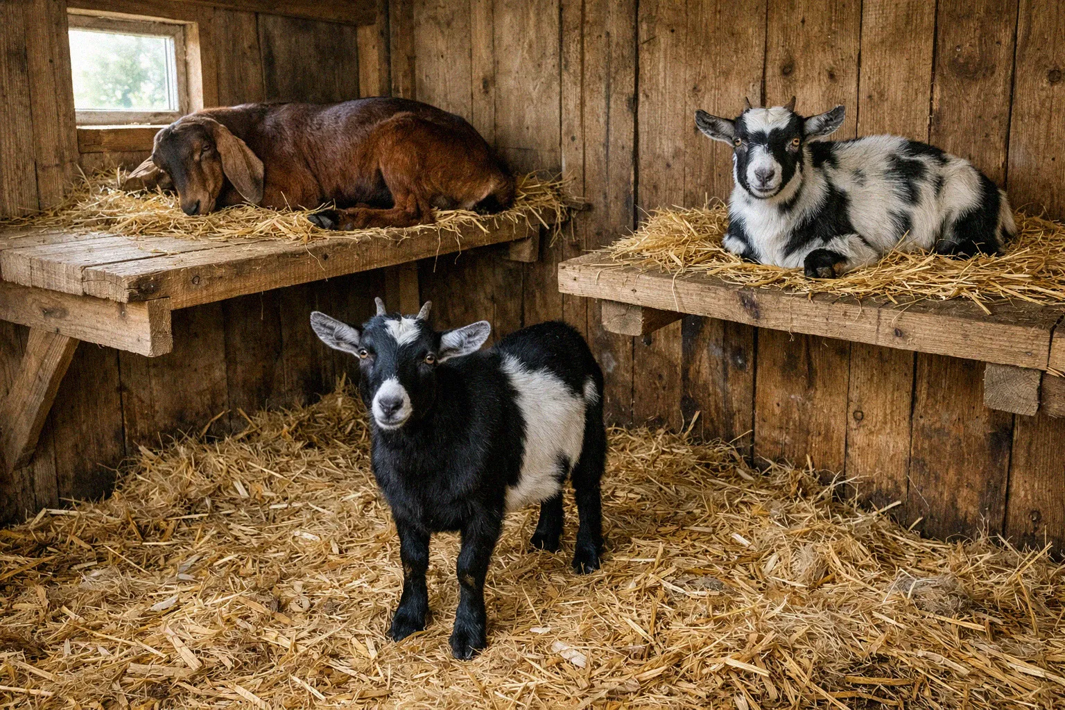 Goats resting on elevated wooden platforms inside a barn